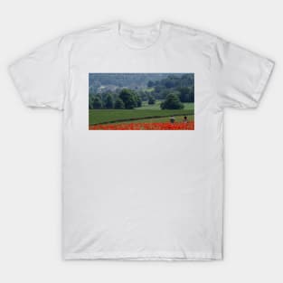 Field of poppys  near baslow in derbyshire with chatsworth house in the distance T-Shirt